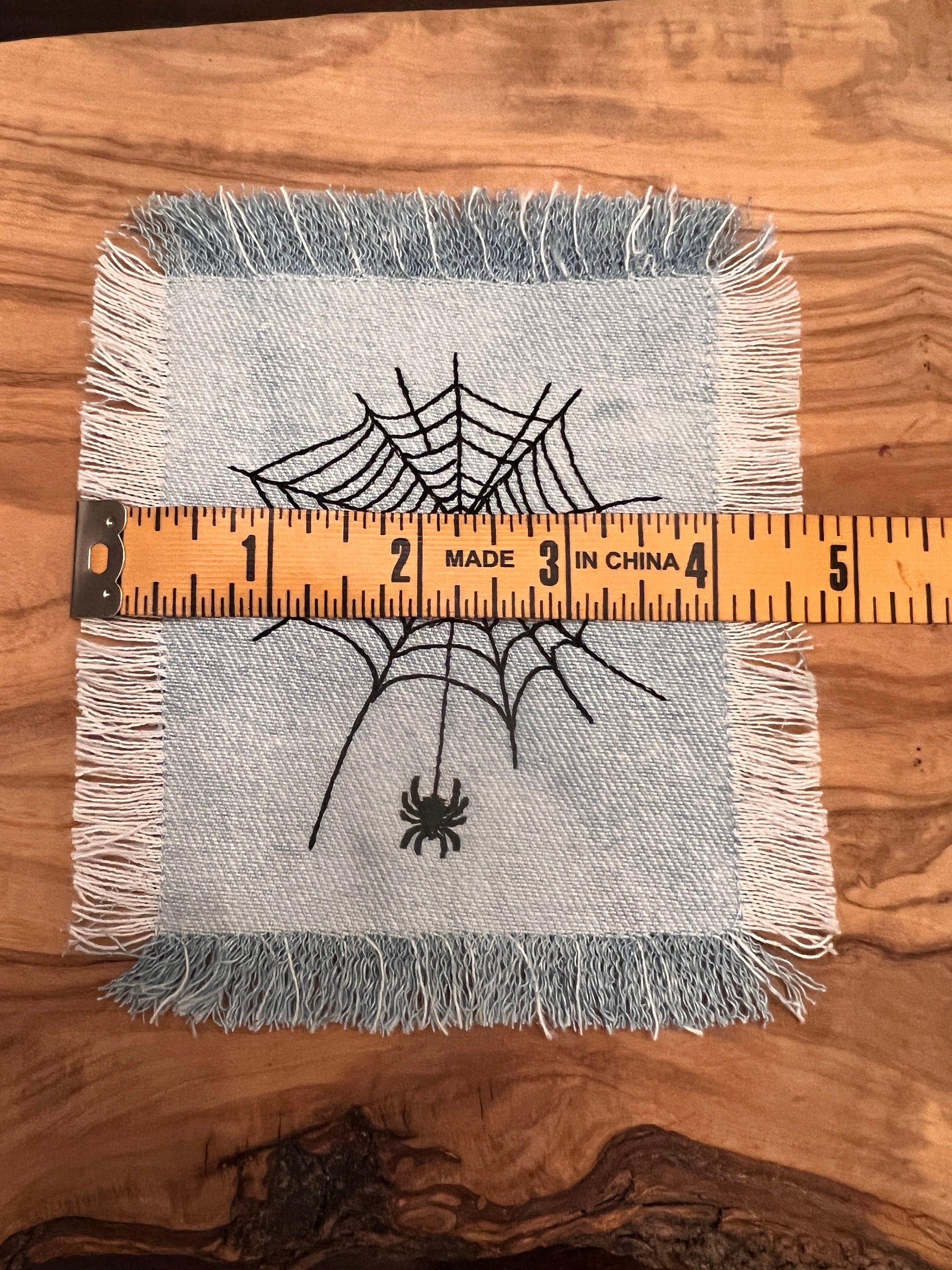 Halloween SPIDER Web Iron On SOULE PATCH art Bleached Denim patch 5 X 4.5 black embroidered Appliques & Patches