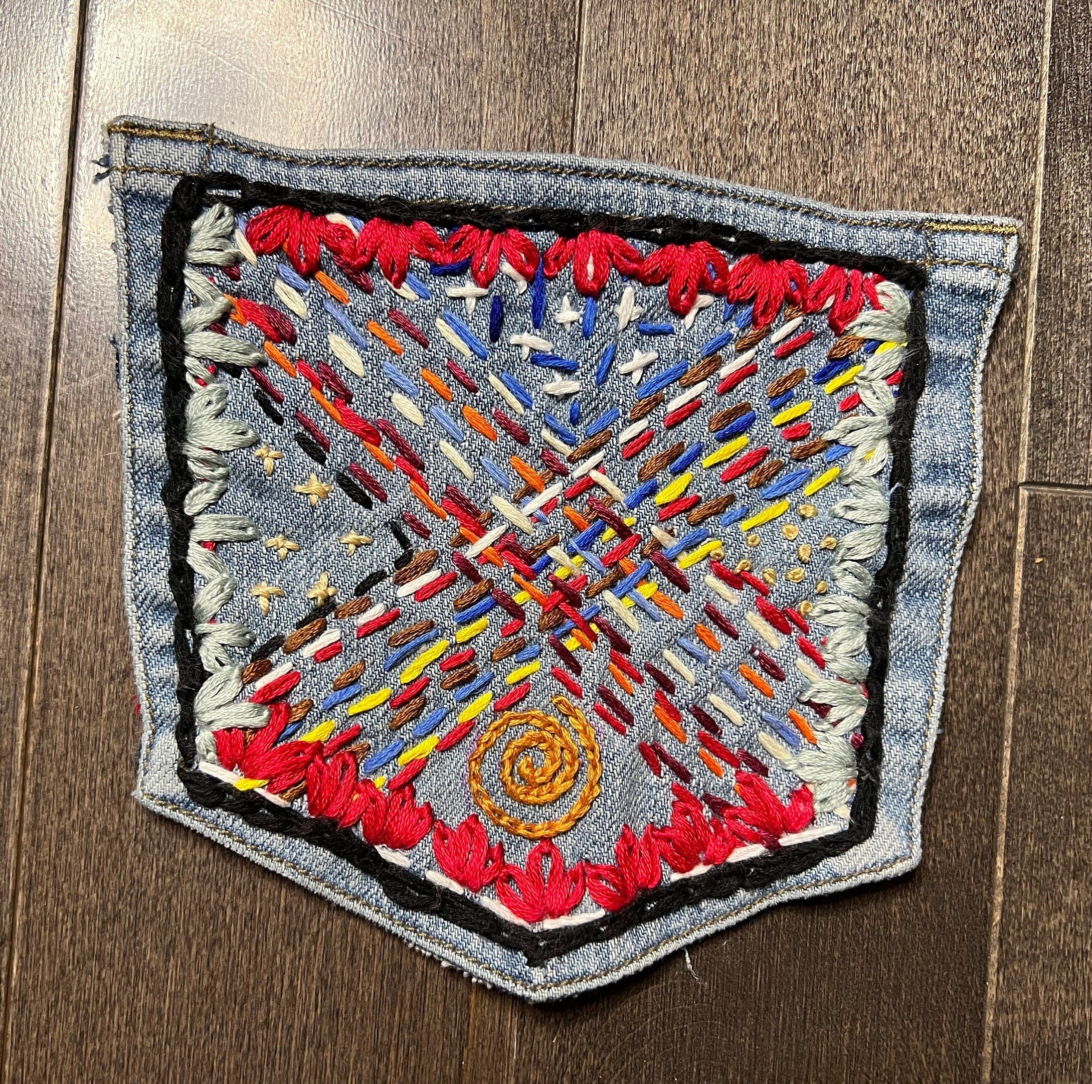 Hand Stitched Abstract HOT POCKET - OOAK embroidered denim pocket patch 5 X 5.5 unique creation Appliques & Patches