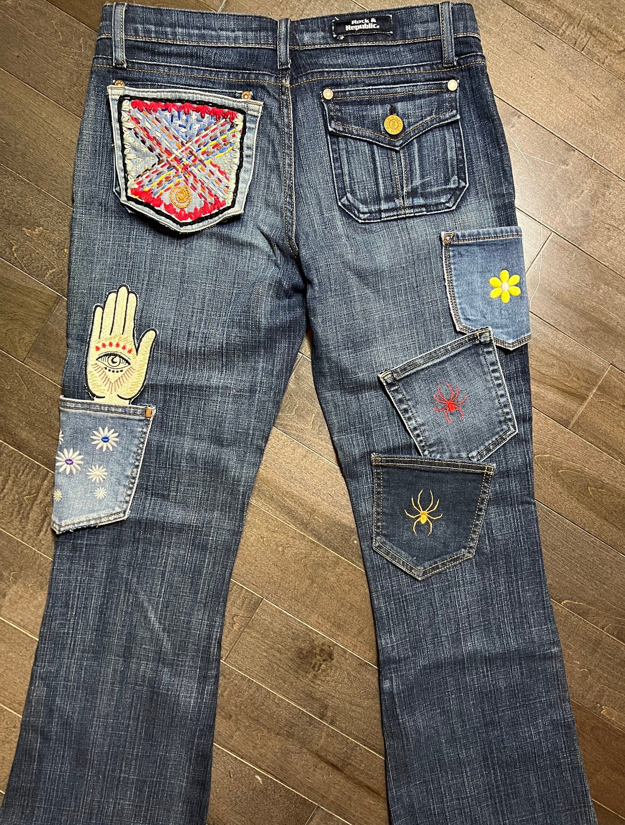Hand Stitched Abstract HOT POCKET - OOAK embroidered denim pocket patch 5 X 5.5 unique creation Appliques & Patches