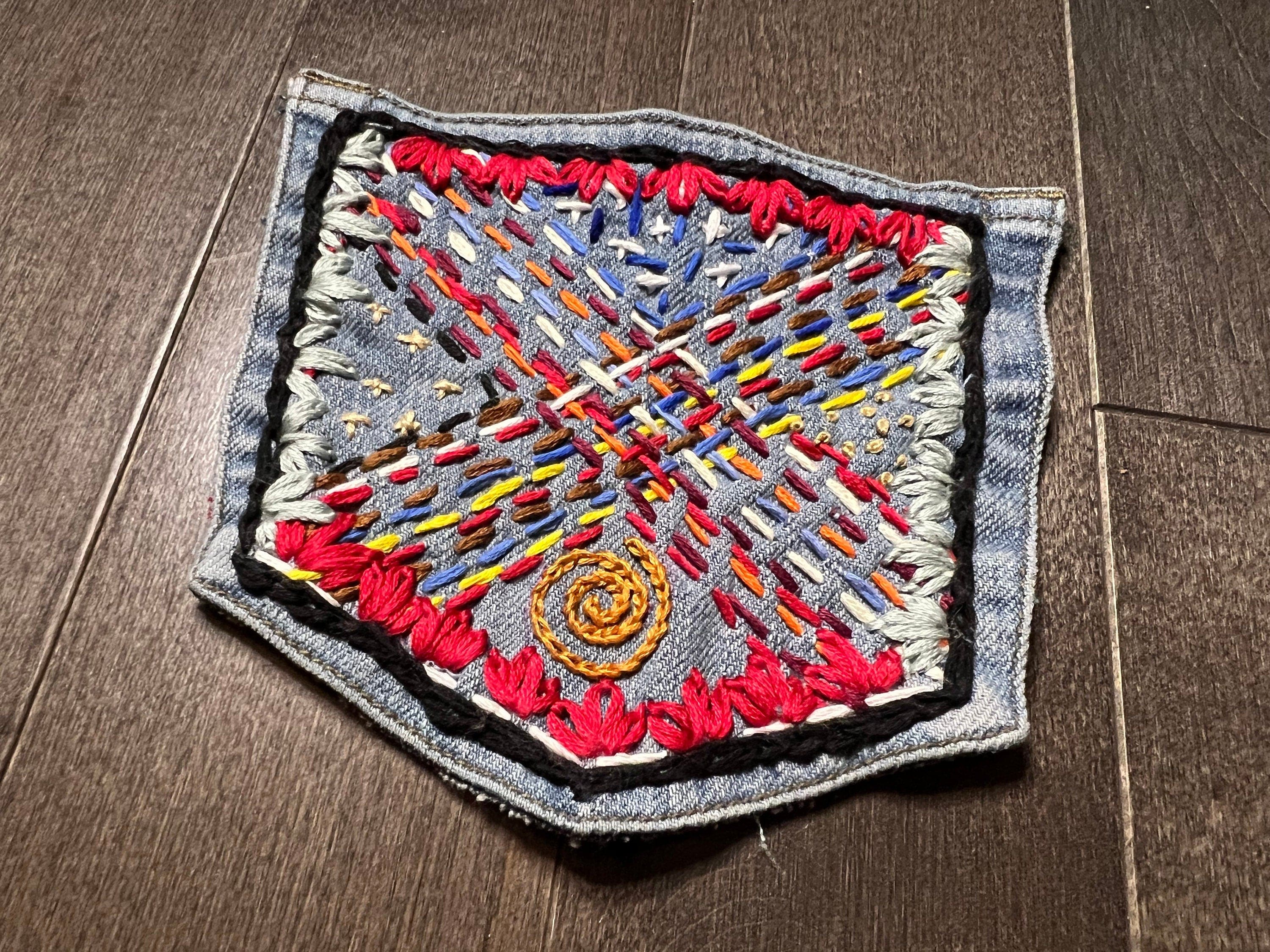 Hand Stitched Abstract HOT POCKET - OOAK embroidered denim pocket patch 5 X 5.5 unique creation Appliques & Patches