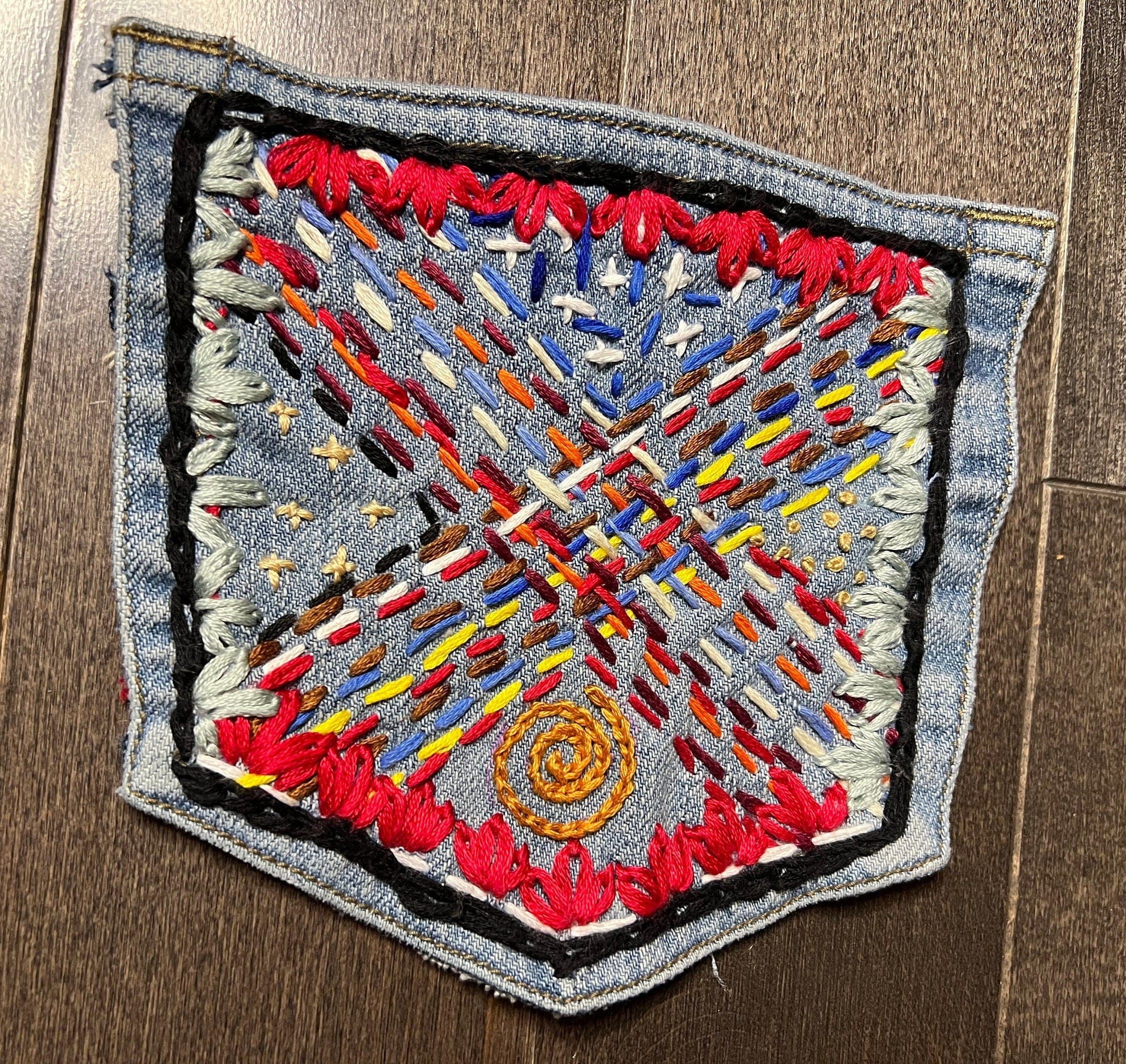 Hand Stitched Abstract HOT POCKET - OOAK embroidered denim pocket patch 5 X 5.5 unique creation Appliques & Patches