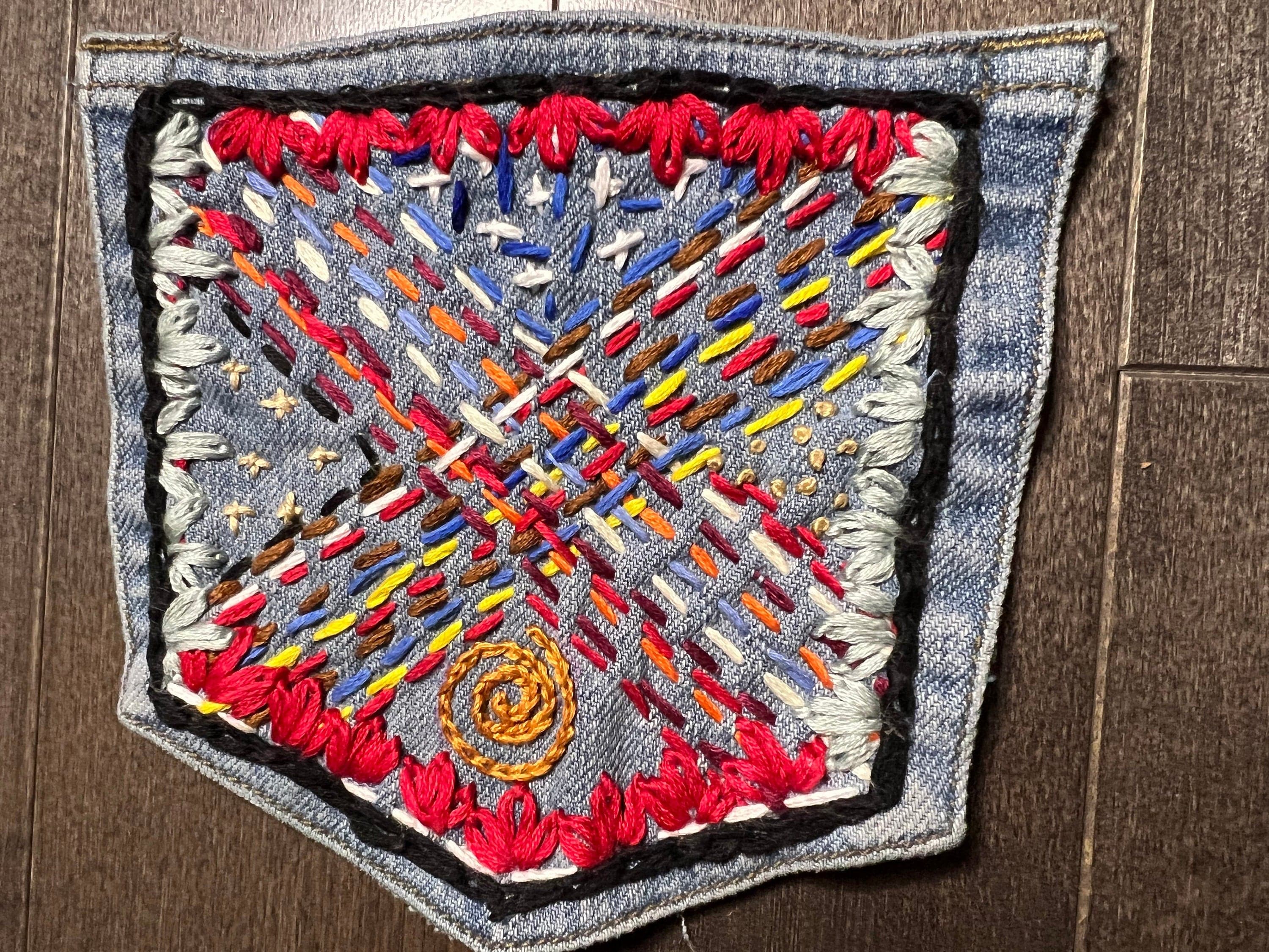 Hand Stitched Abstract HOT POCKET - OOAK embroidered denim pocket patch 5 X 5.5 unique creation Appliques & Patches
