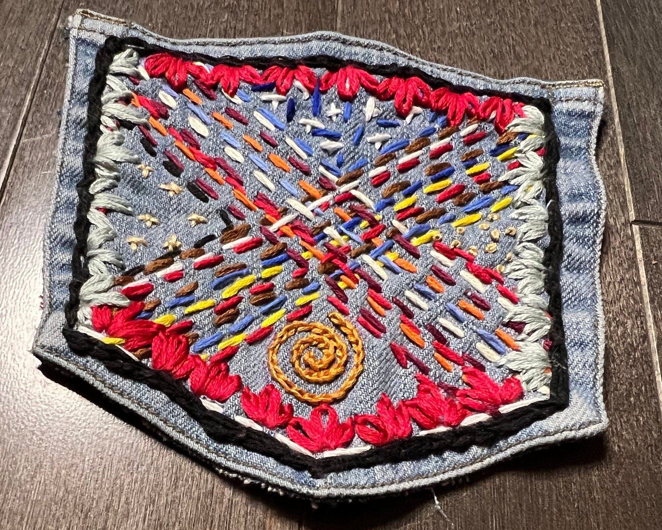 Hand Stitched Abstract HOT POCKET - OOAK embroidered denim pocket patch 5 X 5.5 unique creation Appliques & Patches