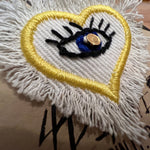 HAND STITCHED Protective Eye HEART Decal Handmade Pin tie tack Embroidered Eye Frayed Natural white fringed Denim Lapel positive iron on Brooches & Lapel Pins