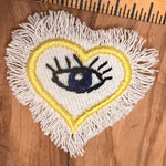 HAND STITCHED Protective Eye HEART Decal Handmade Pin tie tack Embroidered Eye Frayed Natural white fringed Denim Lapel positive iron on Brooches & Lapel Pins