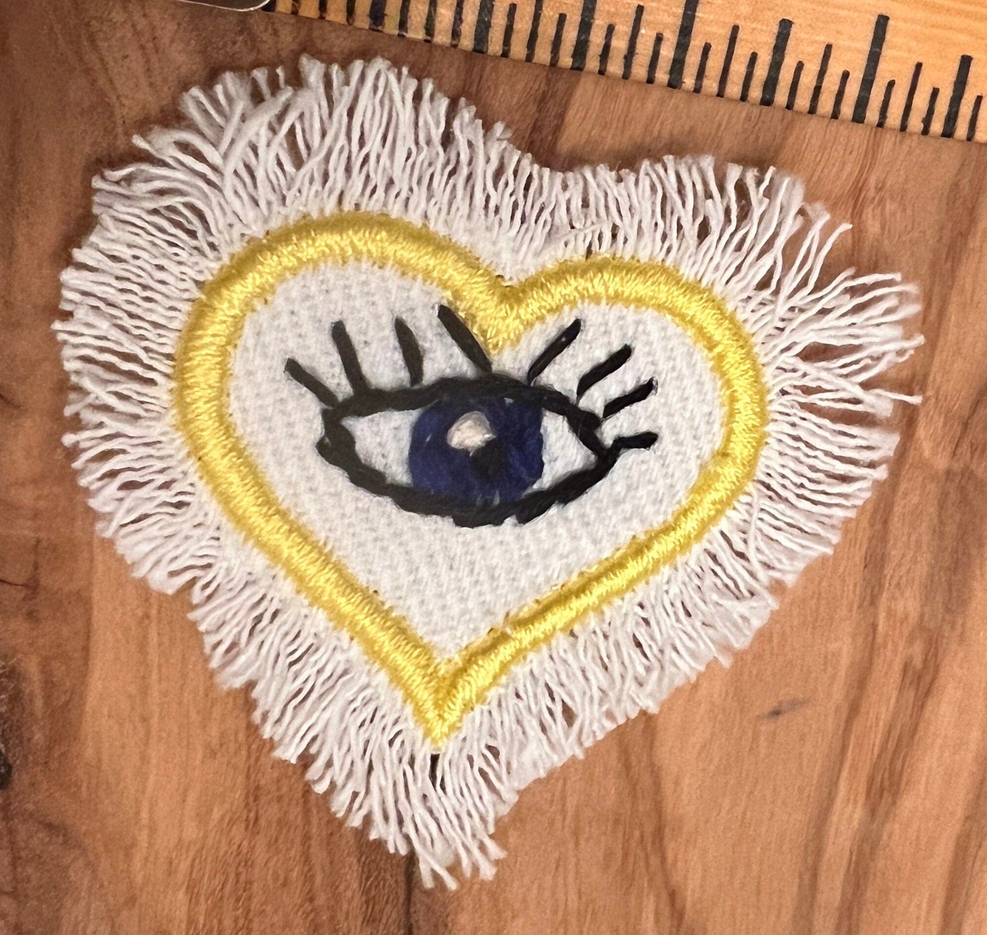 HAND STITCHED Protective Eye HEART Decal Handmade Pin tie tack Embroidered Eye Frayed Natural white fringed Denim Lapel positive iron on Brooches & Lapel Pins