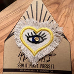 HAND STITCHED Protective Eye HEART Decal Handmade Pin tie tack Embroidered Eye Frayed Natural white fringed Denim Lapel positive iron on Brooches & Lapel Pins