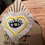 HAND STITCHED Protective Eye HEART Decal Handmade Pin tie tack Embroidered Eye Frayed Natural white fringed Denim Lapel positive iron on Brooches & Lapel Pins
