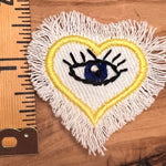 HAND STITCHED Protective Eye HEART Decal Handmade Pin tie tack Embroidered Eye Frayed Natural white fringed Denim Lapel positive iron on Brooches & Lapel Pins