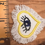 HAND STITCHED Protective Eye HEART Decal Handmade Pin tie tack Embroidered Eye Frayed Natural white fringed Denim Lapel positive iron on Brooches & Lapel Pins