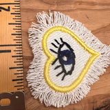 HAND STITCHED Protective Eye HEART Decal Handmade Pin tie tack Embroidered Eye Frayed Natural white fringed Denim Lapel positive iron on Brooches & Lapel Pins