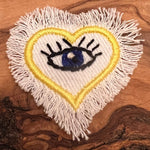HAND STITCHED Protective Eye HEART Decal Handmade Pin tie tack Embroidered Eye Frayed Natural white fringed Denim Lapel positive iron on Brooches & Lapel Pins