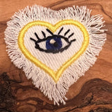 HAND STITCHED Protective Eye HEART Decal Handmade Pin tie tack Embroidered Eye Frayed Natural white fringed Denim Lapel positive iron on Brooches & Lapel Pins