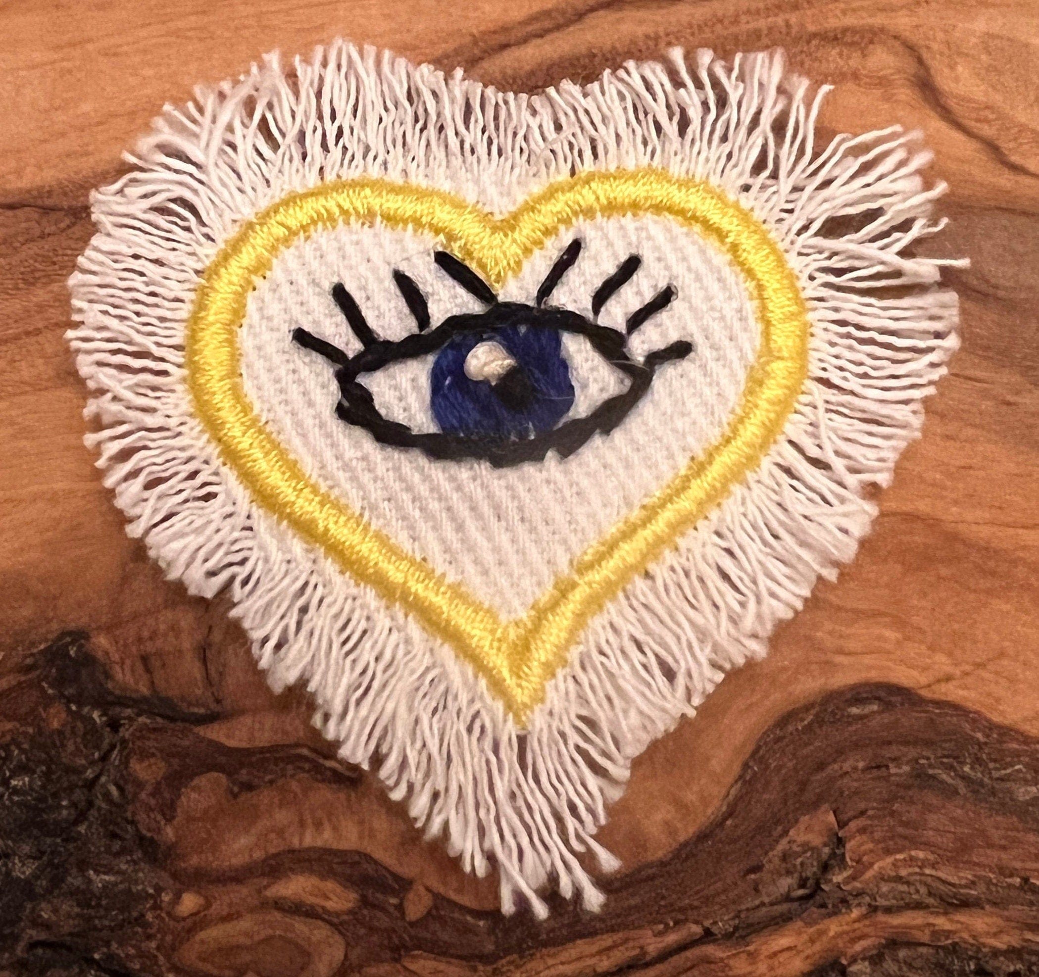 HAND STITCHED Protective Eye HEART Decal Handmade Pin tie tack Embroidered Eye Frayed Natural white fringed Denim Lapel positive iron on Brooches & Lapel Pins