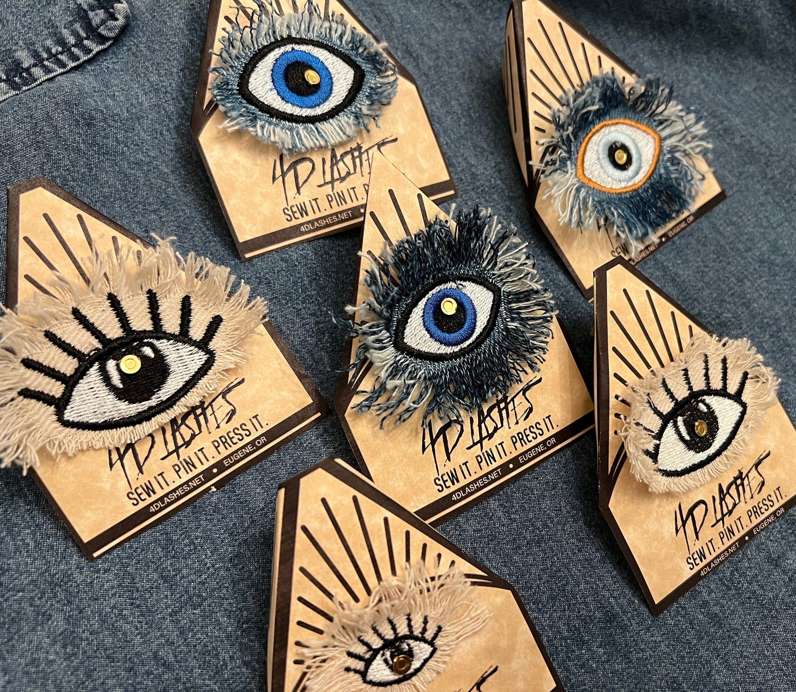 HAND STITCHED Protective Eye HEART Decal Handmade Pin tie tack Embroidered Eye Frayed Natural white fringed Denim Lapel positive iron on Brooches & Lapel Pins