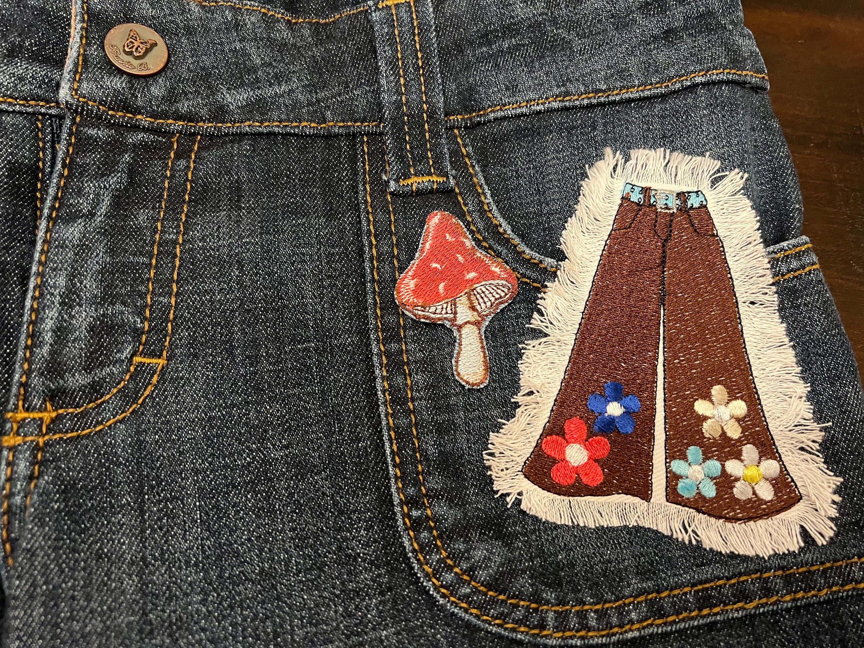 Hippie Icon Pants SOULE PATCH DENIM Handmade Patch Embroidered Flowers large Iron On Decal Frayed edges 60s 70s classic flower power Appliques & Patches