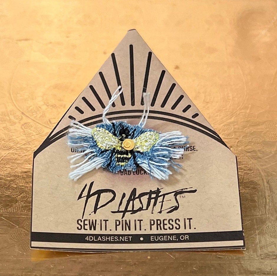 Honey BEE fuzzy fringe DECAL Handmade PIN tie tack Pin included Embroidered Frayed Natural Denim Lapel art stocking stuffer office gift Brooches & Lapel Pins