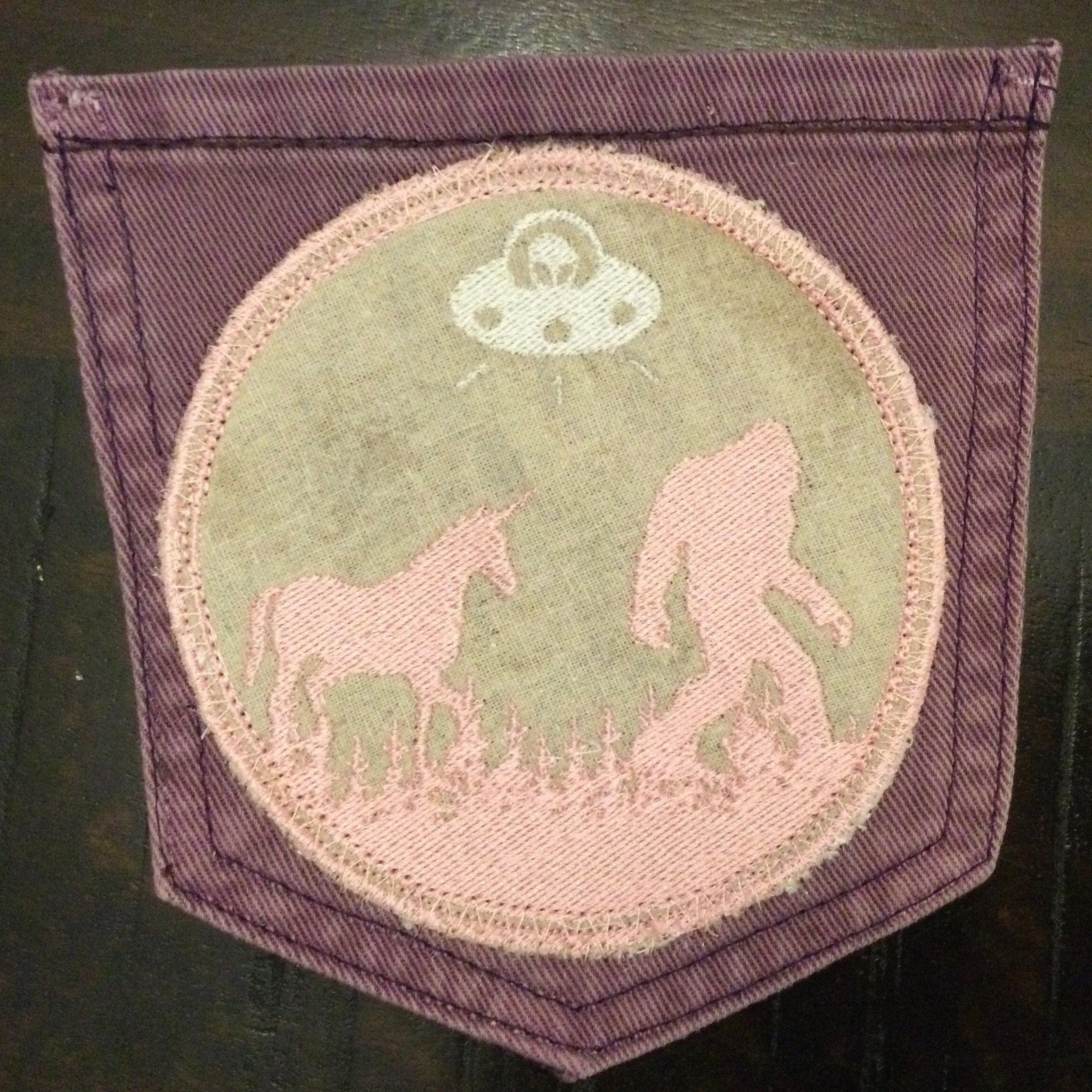 Hot Pocket BELIEVE Purple Pocket Denim Patch BIGFOOT Unicorn UFO pink and silver on wheat background Appliques & Patches