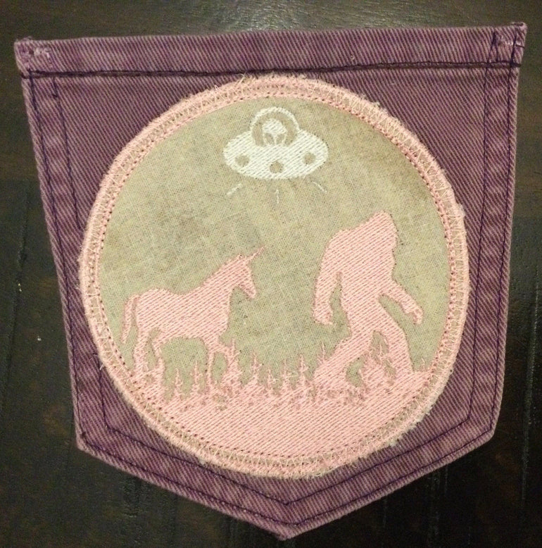 Hot Pocket BELIEVE Purple Pocket Denim Patch BIGFOOT Unicorn UFO pink and silver on wheat background Appliques & Patches