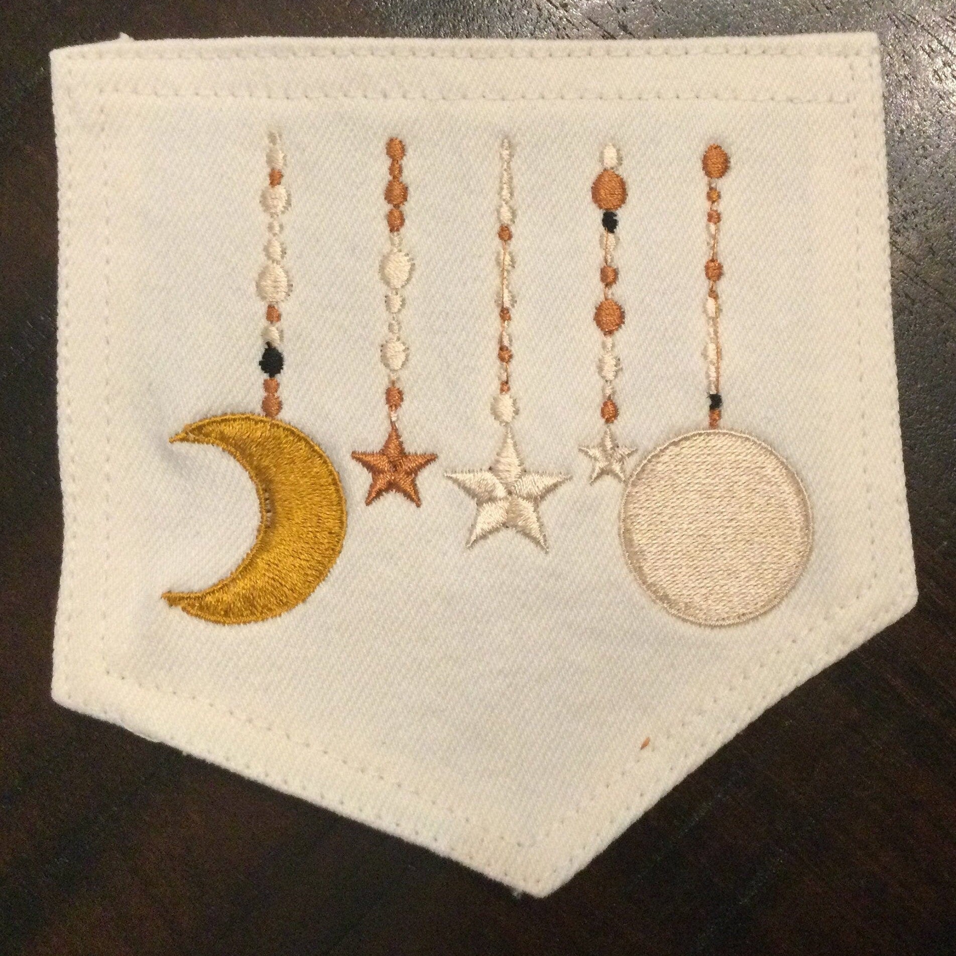 Hot Pocket Celestial Jewels White Denim PATCH Handmade Pocket Patch with Embroidered Moon and Stars Appliques & Patches