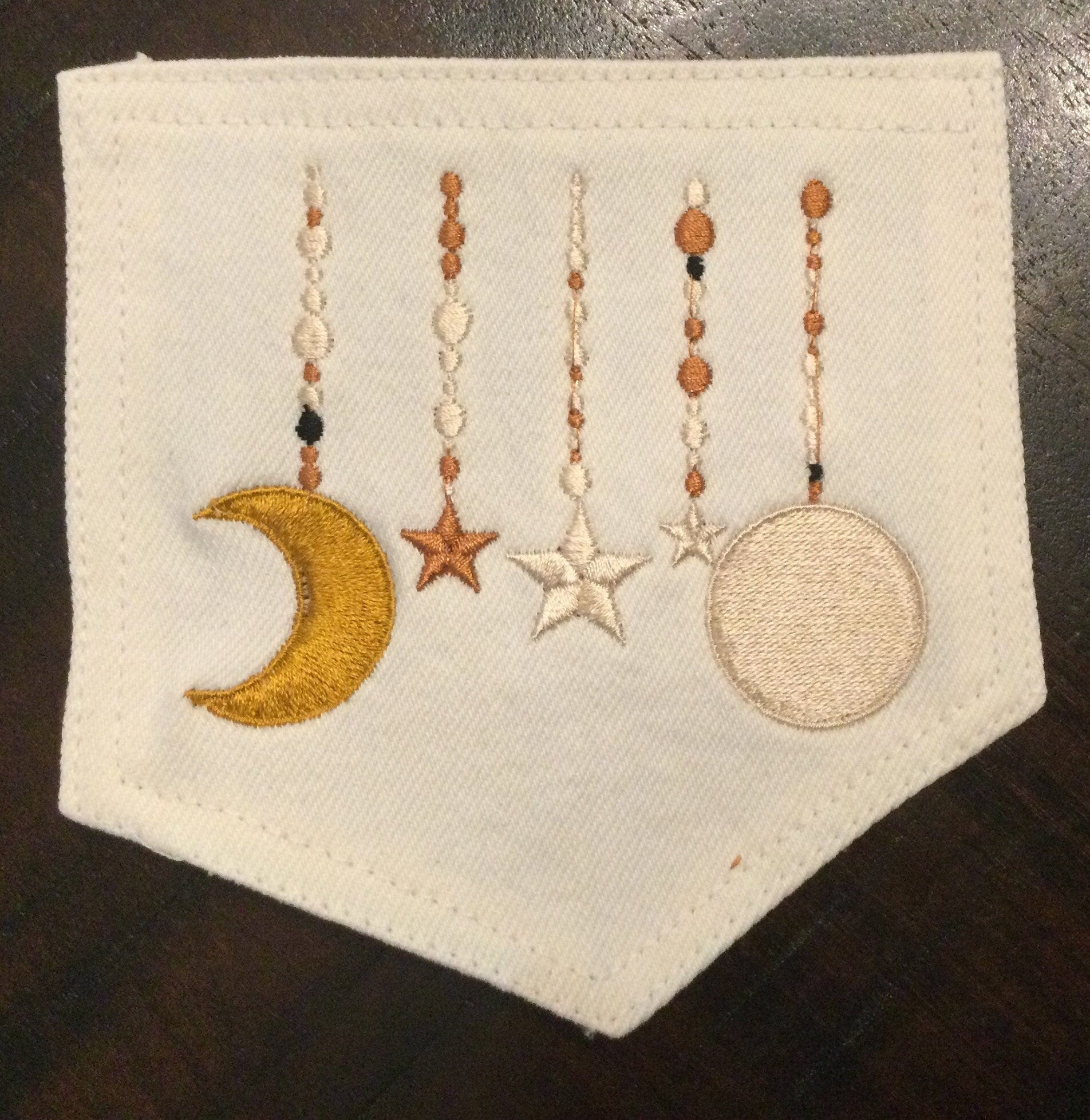 Hot Pocket Celestial Jewels White Denim PATCH Handmade Pocket Patch with Embroidered Moon and Stars Appliques & Patches