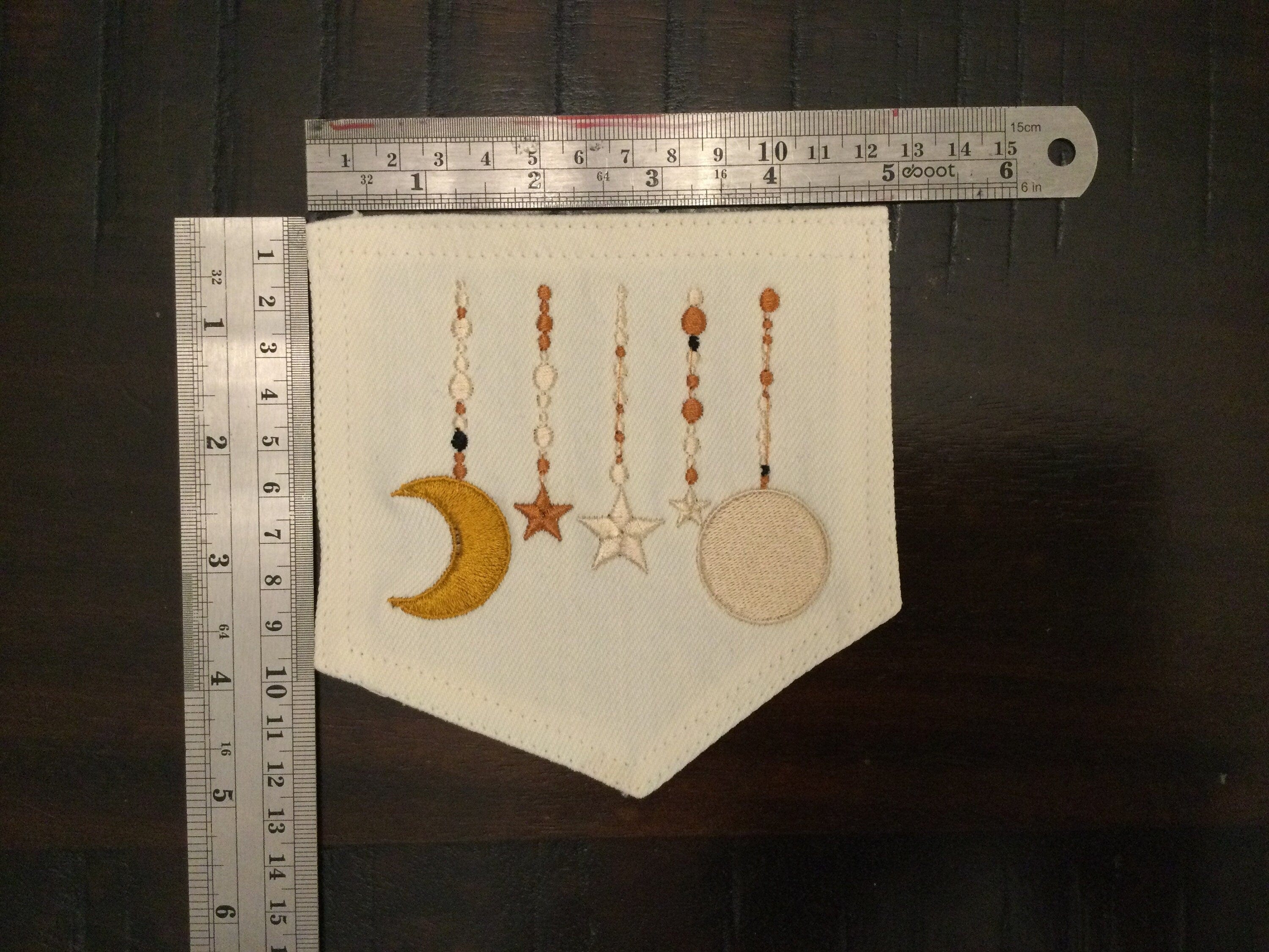 Hot Pocket Celestial Jewels White Denim PATCH Handmade Pocket Patch with Embroidered Moon and Stars Appliques & Patches