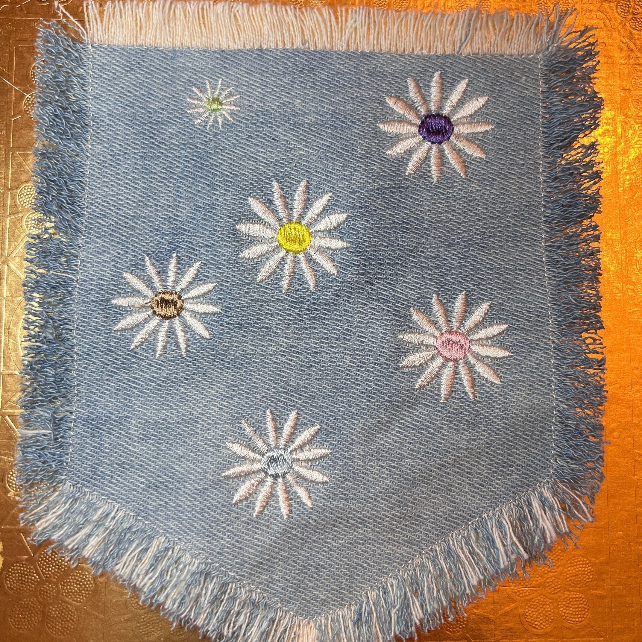 HOT POCKET Full of Posies Handmade embroidered bleached denim pocket patch 6 X 5 Flowers Daisies Fringed Frayed Edges Sew On or Decal Patch Panels