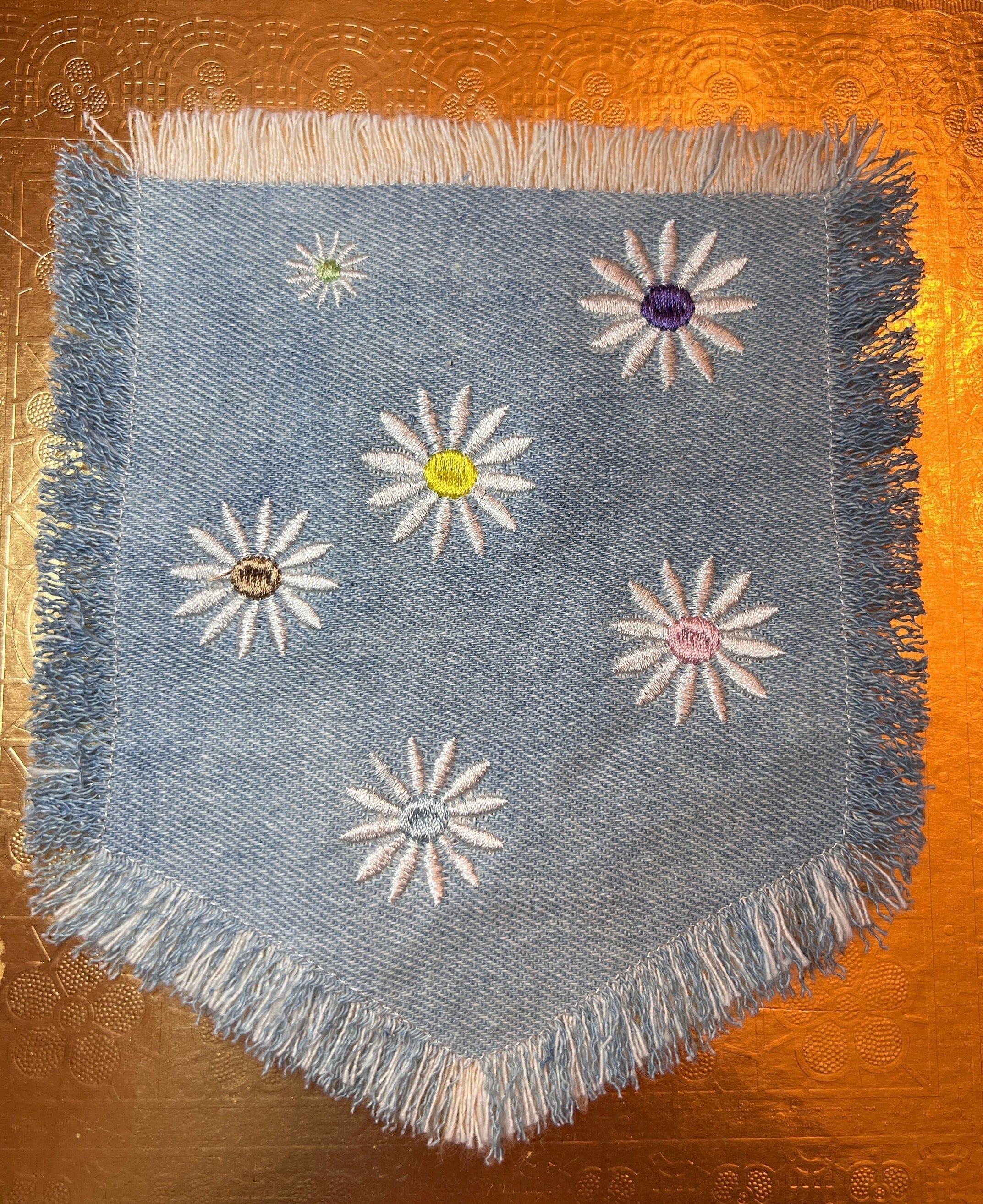 HOT POCKET Full of Posies Handmade embroidered bleached denim pocket patch 6 X 5 Flowers Daisies Fringed Frayed Edges Sew On or Decal Patch Panels