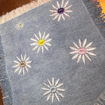 HOT POCKET Full of Posies Handmade embroidered bleached denim pocket patch 6 X 5 Flowers Daisies Fringed Frayed Edges Sew On or Decal Patch Panels