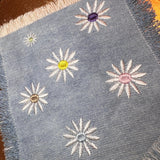 HOT POCKET Full of Posies Handmade embroidered bleached denim pocket patch 6 X 5 Flowers Daisies Fringed Frayed Edges Sew On or Decal Patch Panels