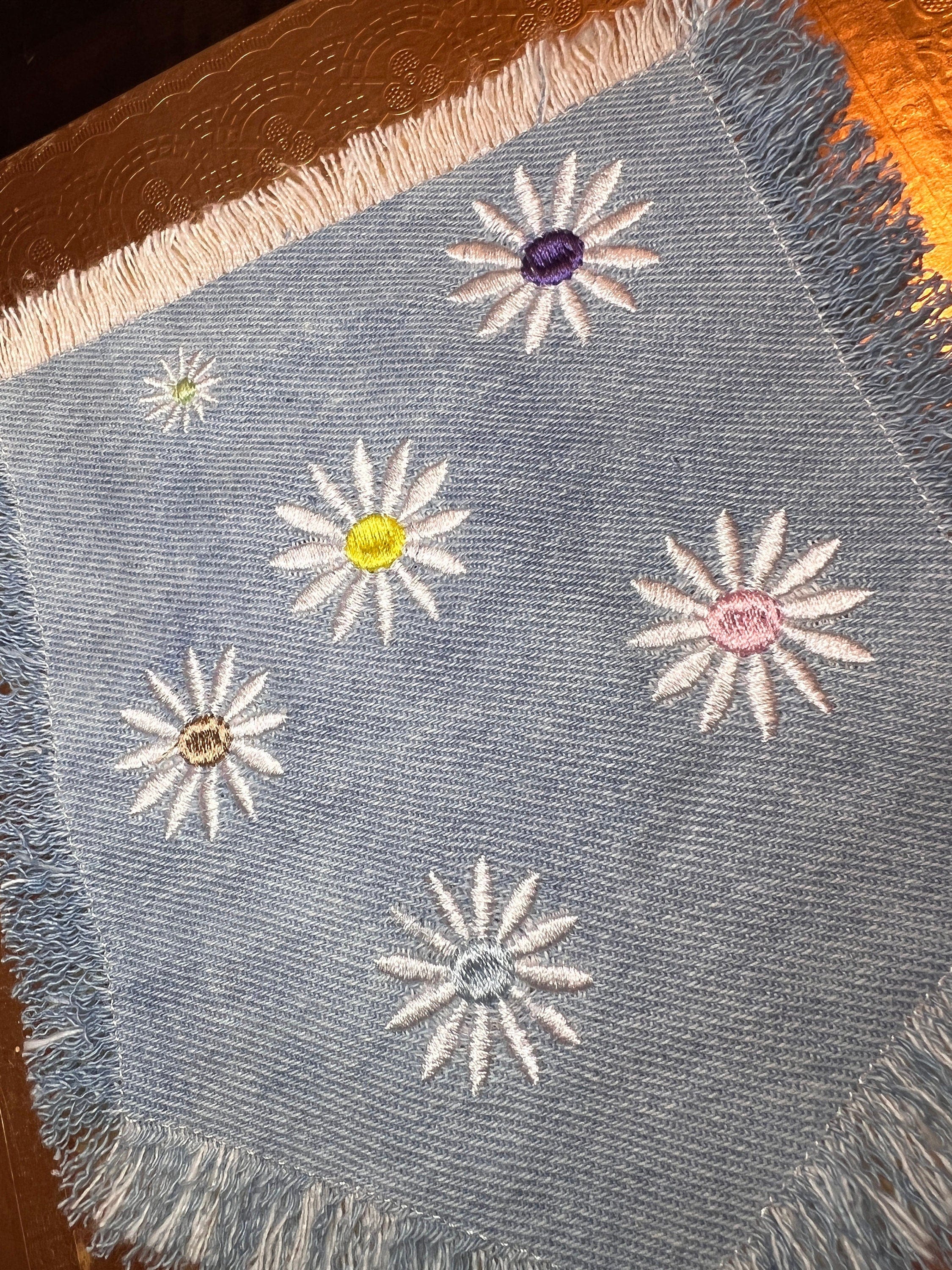 HOT POCKET Full of Posies Handmade embroidered bleached denim pocket patch 6 X 5 Flowers Daisies Fringed Frayed Edges Sew On or Decal Patch Panels