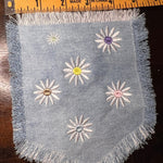 HOT POCKET Full of Posies Handmade embroidered bleached denim pocket patch 6 X 5 Flowers Daisies Fringed Frayed Edges Sew On or Decal Patch Panels