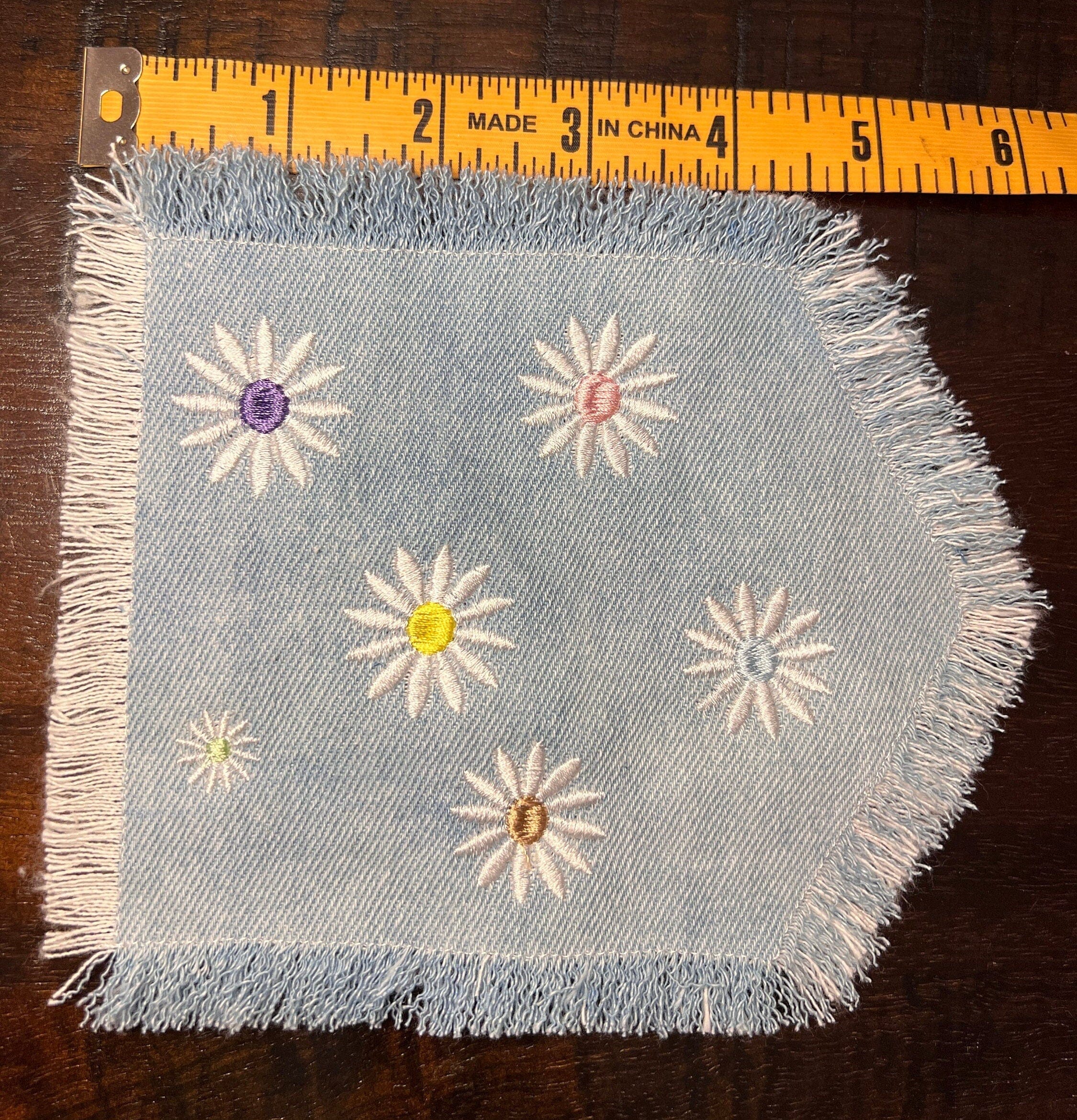 HOT POCKET Full of Posies Handmade embroidered bleached denim pocket patch 6 X 5 Flowers Daisies Fringed Frayed Edges Sew On or Decal Patch Panels