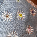 HOT POCKET Full of Posies Handmade embroidered bleached denim pocket patch 6 X 5 Flowers Daisies Fringed Frayed Edges Sew On or Decal Patch Panels