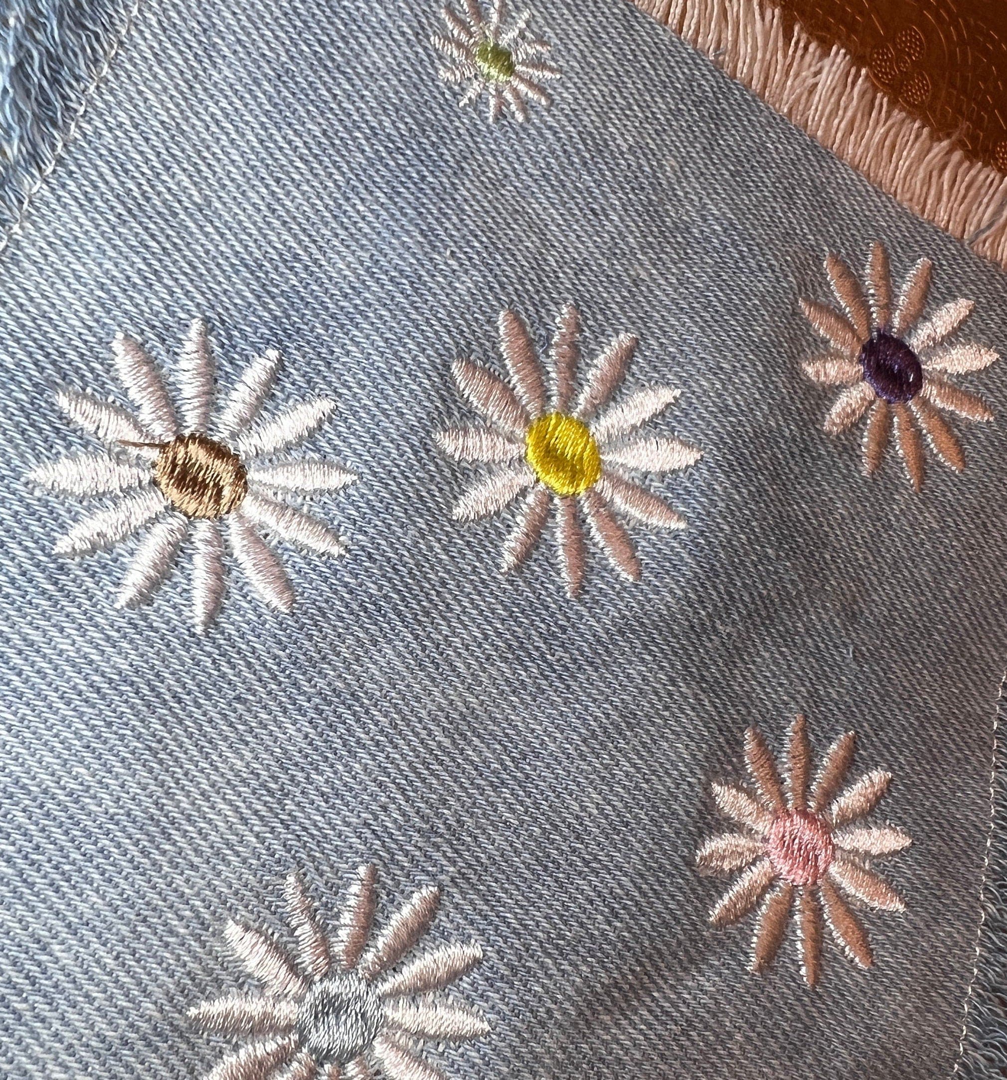 HOT POCKET Full of Posies Handmade embroidered bleached denim pocket patch 6 X 5 Flowers Daisies Fringed Frayed Edges Sew On or Decal Patch Panels