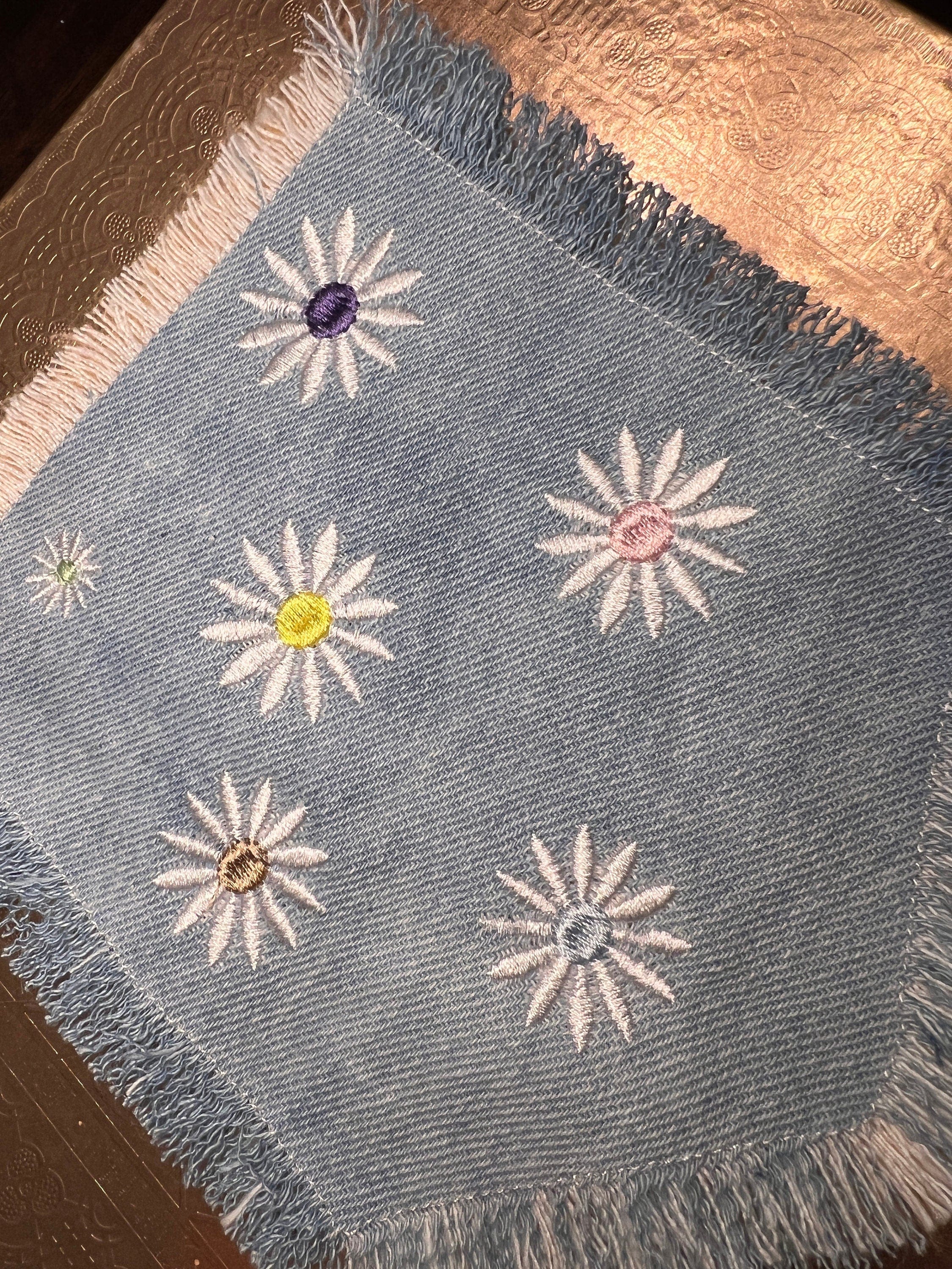 HOT POCKET Full of Posies Handmade embroidered bleached denim pocket patch 6 X 5 Flowers Daisies Fringed Frayed Edges Sew On or Decal Patch Panels
