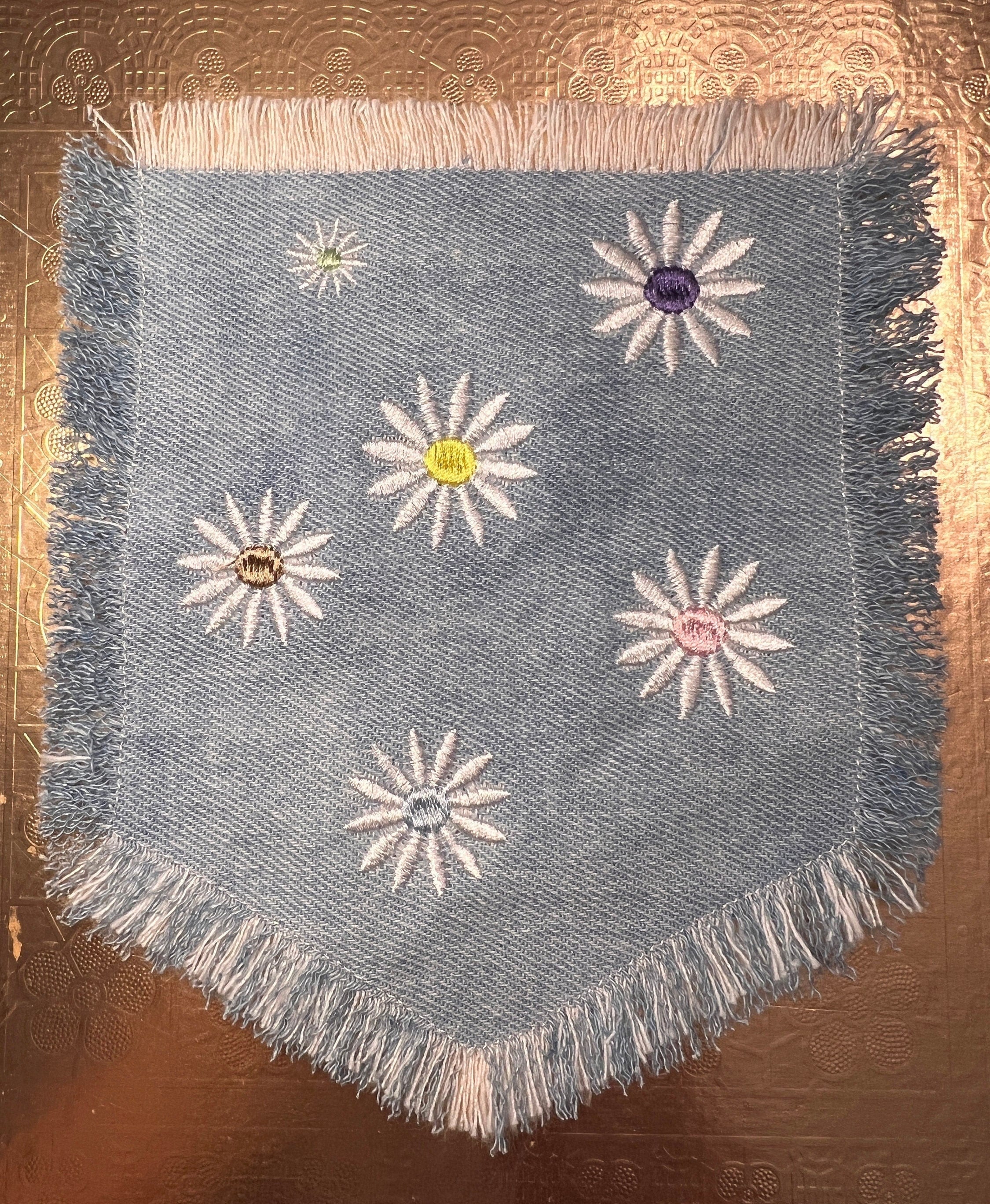 HOT POCKET Full of Posies Handmade embroidered bleached denim pocket patch 6 X 5 Flowers Daisies Fringed Frayed Edges Sew On or Decal Patch Panels
