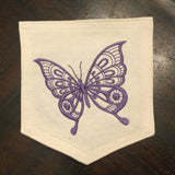 Hot Pocket White DENIM Handmade Pocket Patch with Embroidered purple BUTTERFLY PATCH with Pizzazz Appliques & Patches