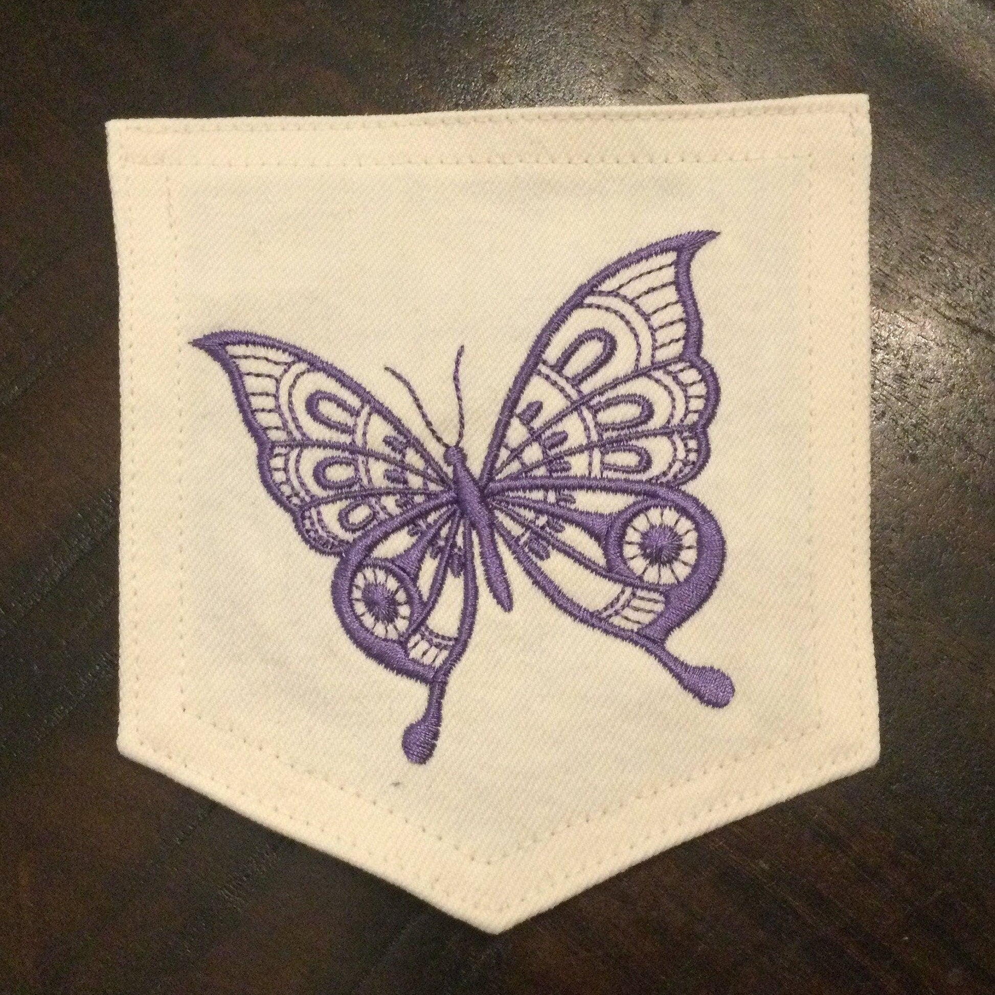 Hot Pocket White DENIM Handmade Pocket Patch with Embroidered purple BUTTERFLY PATCH with Pizzazz Appliques & Patches