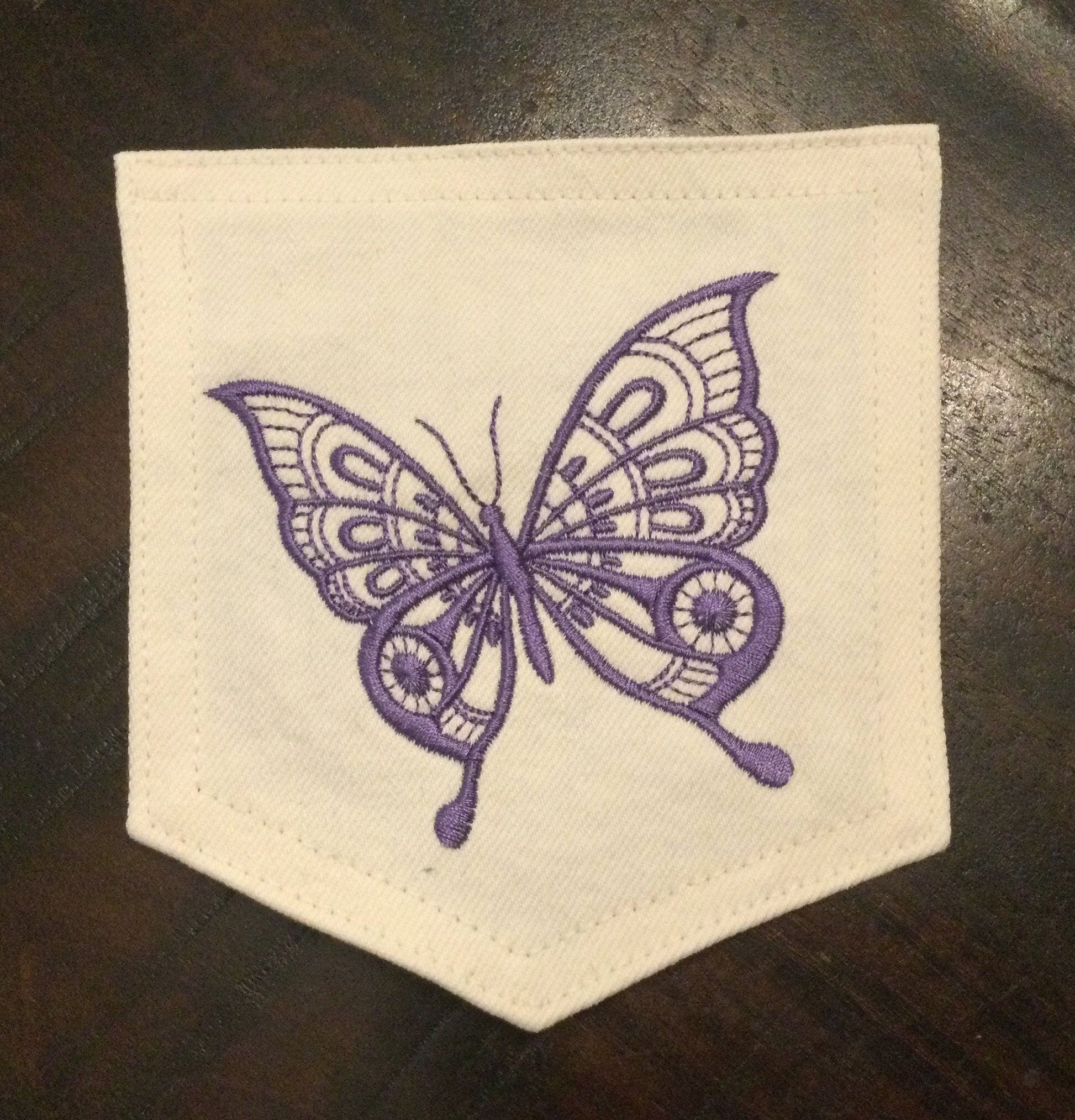 Hot Pocket White DENIM Handmade Pocket Patch with Embroidered purple BUTTERFLY PATCH with Pizzazz Appliques & Patches