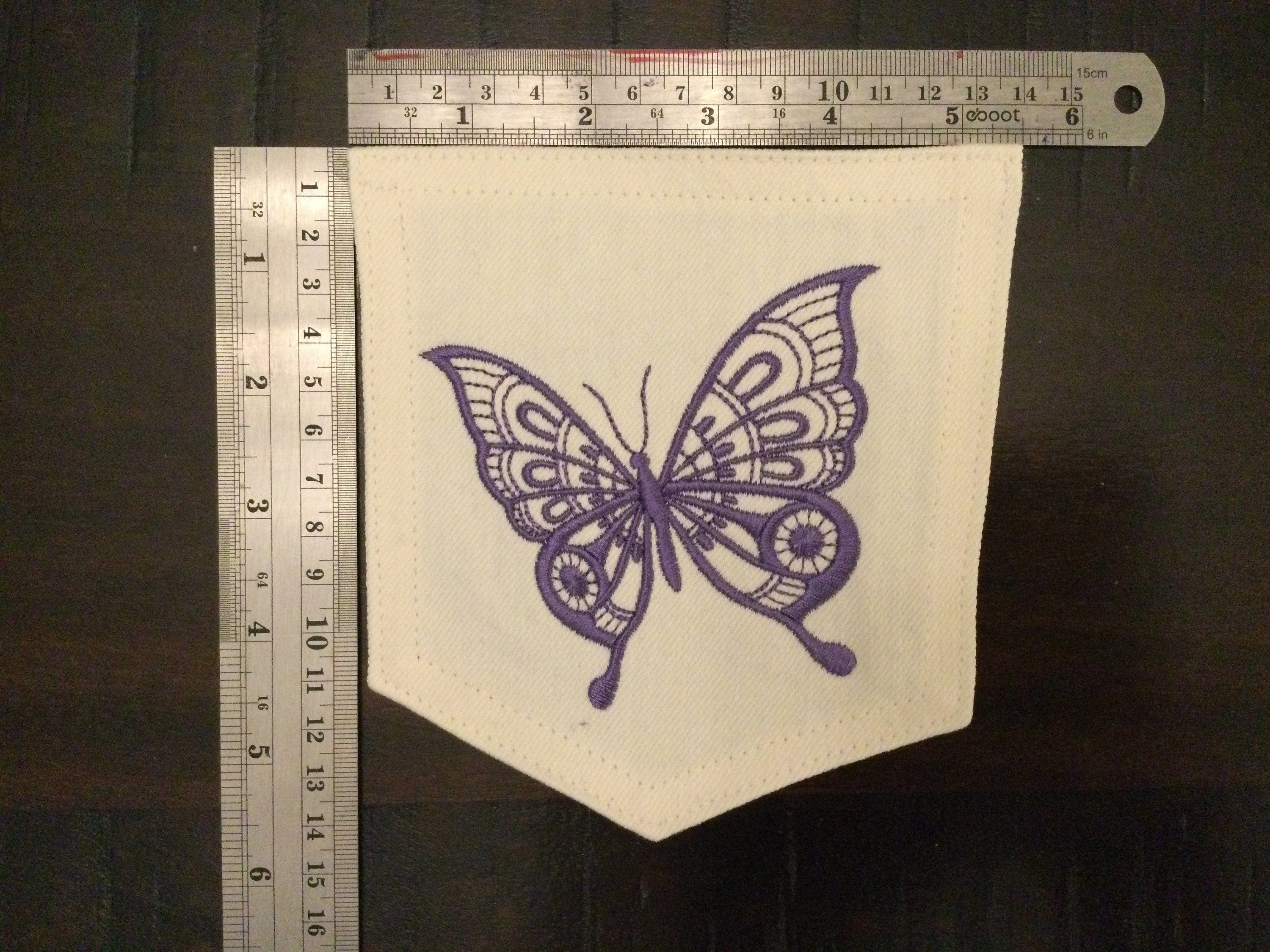 Hot Pocket White DENIM Handmade Pocket Patch with Embroidered purple BUTTERFLY PATCH with Pizzazz Appliques & Patches