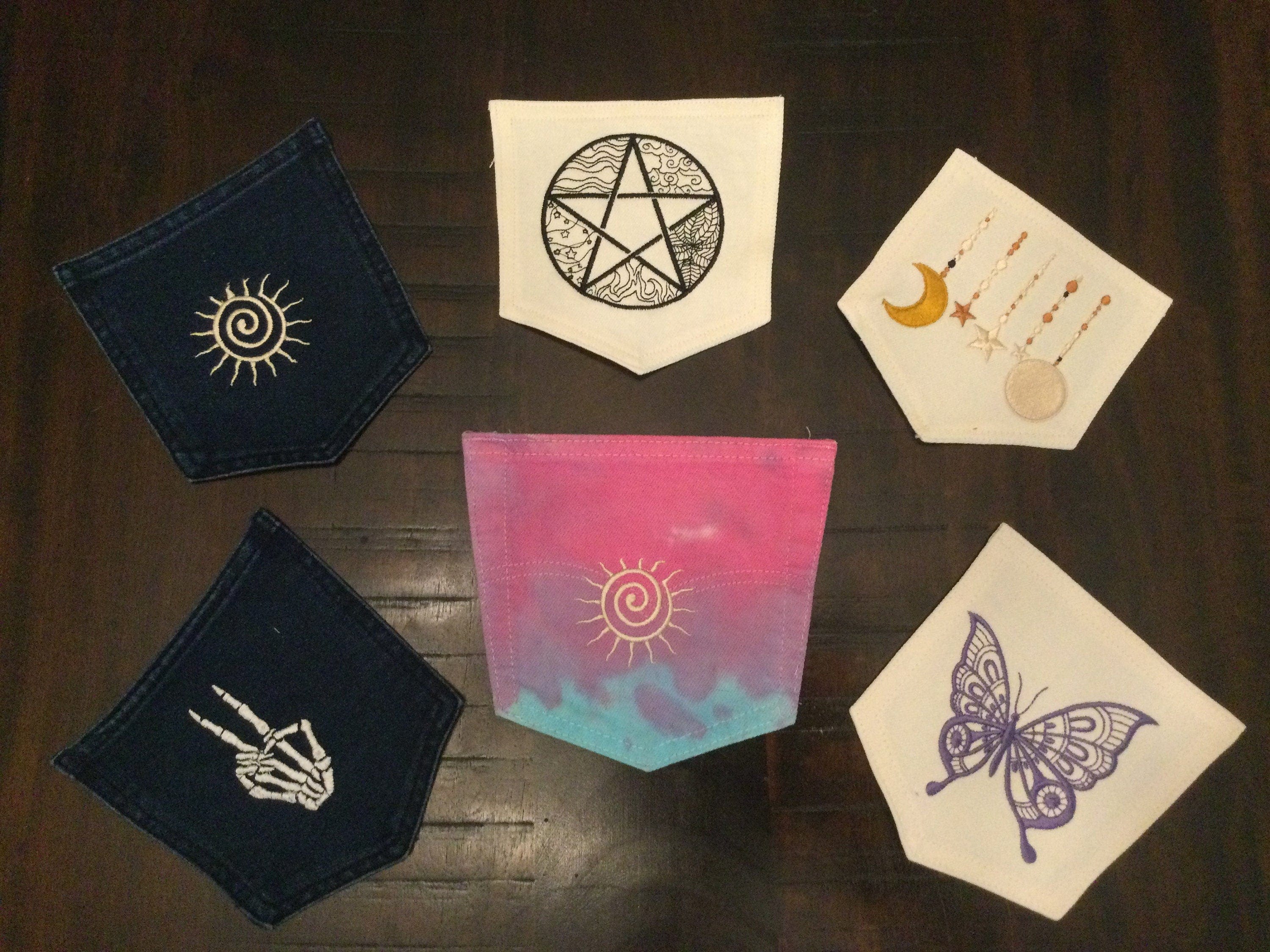 Hot Pocket White DENIM Handmade Pocket Patch with Embroidered purple BUTTERFLY PATCH with Pizzazz Appliques & Patches