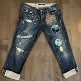 I Need My Space Jeans JOE&#39;S Jeans Appliques Patched Ladies Size 30 SPACE Aliens Planets ROCKETS Hand Embroidery Ripped Cuffed Pants
