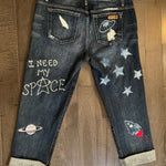 I Need My Space Jeans JOE&#39;S Jeans Appliques Patched Ladies Size 30 SPACE Aliens Planets ROCKETS Hand Embroidery Ripped Cuffed Pants