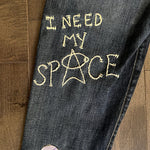 I Need My Space Jeans JOE&#39;S Jeans Appliques Patched Ladies Size 30 SPACE Aliens Planets ROCKETS Hand Embroidery Ripped Cuffed Pants
