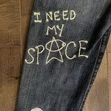 I Need My Space Jeans JOE&#39;S Jeans Appliques Patched Ladies Size 30 SPACE Aliens Planets ROCKETS Hand Embroidery Ripped Cuffed Pants