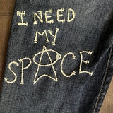 I Need My Space Jeans JOE&#39;S Jeans Appliques Patched Ladies Size 30 SPACE Aliens Planets ROCKETS Hand Embroidery Ripped Cuffed Pants
