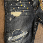I Need My Space Jeans JOE&#39;S Jeans Appliques Patched Ladies Size 30 SPACE Aliens Planets ROCKETS Hand Embroidery Ripped Cuffed Pants