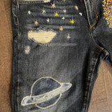 I Need My Space Jeans JOE&#39;S Jeans Appliques Patched Ladies Size 30 SPACE Aliens Planets ROCKETS Hand Embroidery Ripped Cuffed Pants