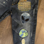 I Need My Space Jeans JOE&#39;S Jeans Appliques Patched Ladies Size 30 SPACE Aliens Planets ROCKETS Hand Embroidery Ripped Cuffed Pants